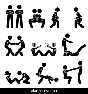 Exercice d'entraînement avec un partenaire Stick Figure Icônes pictogramme Illustration de Vecteur
