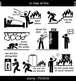 En cas d'incendie Plan d'urgence Stick Figure Icônes pictogramme Illustration de Vecteur