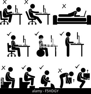 Bonne et mauvaise posture du corps humain Stick Figure Icône pictogramme Illustration de Vecteur