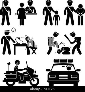 Station de Police moto Rapport de l'interrogatoire policier Voiture Stick Figure Icône pictogramme Illustration de Vecteur