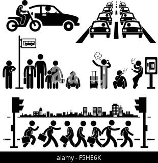 La vie urbaine trépidante de la ville métropolitaine de trafic aux heures de pointe de la rue animée homme Stick Figure Icône pictogramme Illustration de Vecteur