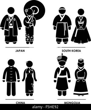 - L'Asie Japon Corée du Sud Chine Mongolie Homme Femme Vêtements Robe Costume traditionnel National Symbole Icône Pictogramme signe Illustration de Vecteur