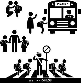 Élève étudiant Retour des enfants à l'École de police de la circulation routière aux passages à niveau Bus Symbole Icône Pictogramme signe Illustration de Vecteur