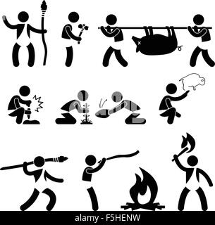 Homme des cavernes préhistoriques ancienne primitifs à l'aide de l'outil de l'icône et de l'équipement pictogramme signe Symbole Illustration de Vecteur