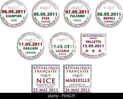 Timbres de Passeport de l'Italie, Malte et la France au format vectoriel. Illustration de Vecteur