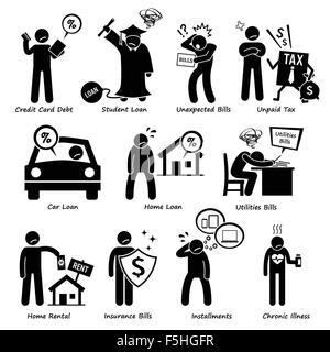 Responsabilité personnelle - la dette, Prêt, factures, impôts, de vélos, versements, et de paiement médical Icônes Pictogramme Stick Figure Illustration de Vecteur