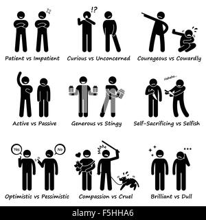 Les personnalités humaines positives valeurs opposées vs Stick Figure négative icônes pictogramme Illustration de Vecteur