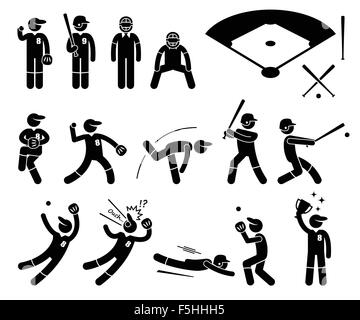 Joueur de baseball représente Actions Stick Figure Icônes pictogramme Illustration de Vecteur