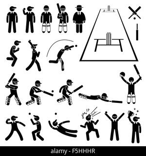 Joueur de Cricket représente Actions Stick Figure Icônes pictogramme Illustration de Vecteur