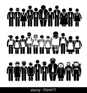 Groupe de personnes de différents travailleurs Profession Stick Figure Icônes pictogramme Illustration de Vecteur