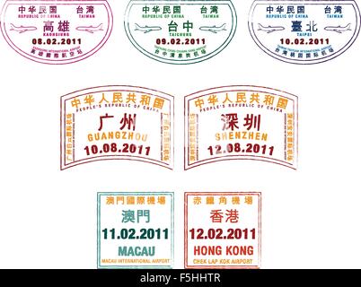 Timbres de passeport de Macao, Hong Kong, Chine et Taiwan en format vectoriel. Illustration de Vecteur