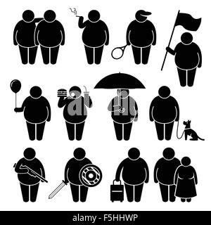 Fat Man Holding en utilisant divers objets Stick Figure Icônes pictogramme Illustration de Vecteur