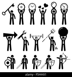 Homme d'affaires à l'aide de divers objets Stick Figure Icônes pictogramme Illustration de Vecteur