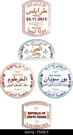 Timbres de Passeport stylisé de la Libye, au Sahara Occidental, au Soudan et au Soudan du Sud en format vectoriel. Illustration de Vecteur
