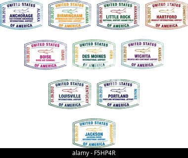 Timbres de Passeport des principaux aéroports des États-Unis en format vectoriel. Illustration de Vecteur