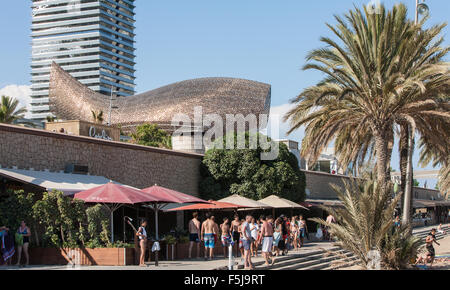 Poisson ou Peix,sculpture en bronze de Frank Gehry au Port Olympique zone. Bien baigneurs à la plage de Barceloneta urbain,Barcelone,Catalan,Espagne Banque D'Images