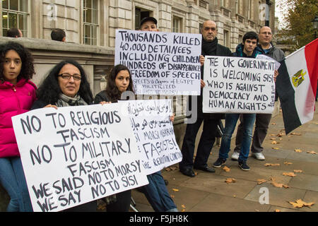 Whitehall, Londres, 5 novembre 2015. UK Égyptiens manifester en faveur du président Abdel Fatah al-Sisi comme des partisans de Mohamed Morsi évincé et les groupes de défense des droits de protester devant Downing Street comme la visite le premier ministre David Cameron au n°10. Sur la photo : un petit groupe d'Egyptiens protestations contre le président déchu Mohamed Morsi et Sisi, accusant les partisans de Morsi Sisi et de mettre leurs héros avant les besoins de la nation. Crédit : Paul Davey/Alamy Live News Banque D'Images