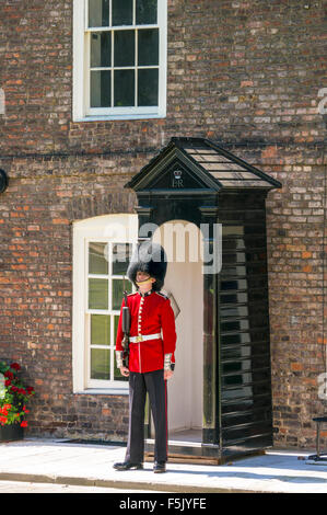 Un garde coldstream sur service de sentinelle à l'intérieur de la tour de Londres City of London England UK GB EU Europe Banque D'Images