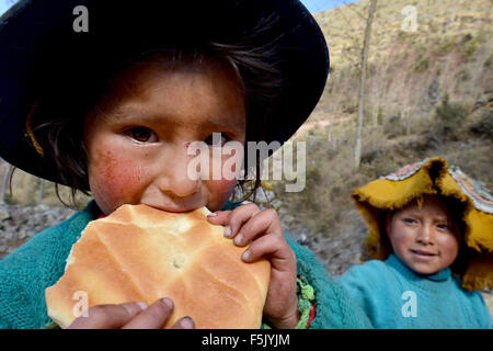Péruviens indigènes girl eating bread, portrait, Cusco, Pérou Banque D'Images