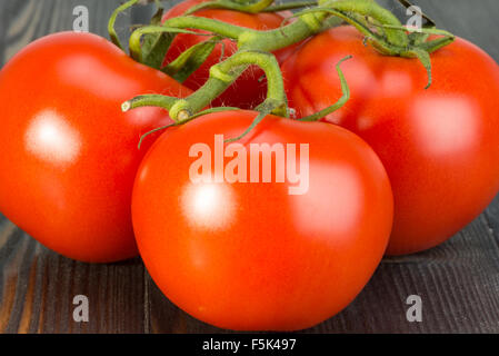 Les tomates rouges sur une branche verte sur une table en bois foncé Banque D'Images