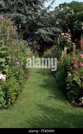 Roses rose et bleu de chaque côté des frontières delphiniums de chemin de l'herbe dans le jardin grand pays Banque D'Images