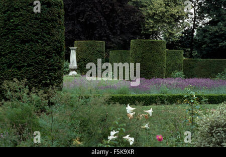 Les ifs taillés cylindriques en grand pays jardin avec un cadran solaire en pierre Banque D'Images