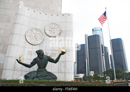 L'esprit de Detroit Statue et Coleman A. Young Building Banque D'Images