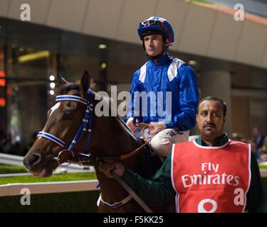 L'hippodrome de Meydan, eau. 5 novembre, 2015. Dane O'Neill et Ajraam avant la course 3 le handicap 74-89 pur-sang à Meydan Crédit : Tom Morgan/Alamy Live News Banque D'Images