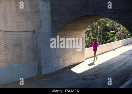 Jogger pont tournant sur Arroyo Seco, Parc, Pasadena, Californie, USA Banque D'Images