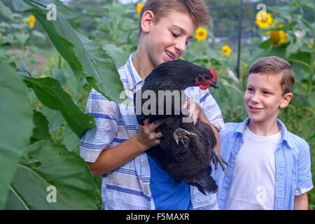 Portrait de brothers in field holding hen Banque D'Images