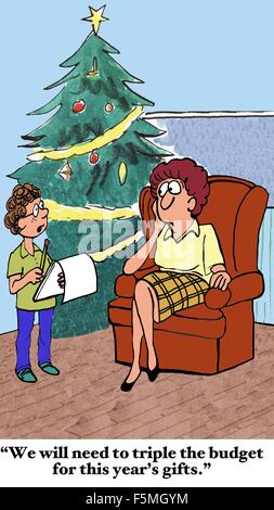 Dessin animé de Noël garçon dire à la mère, "Nous aurons besoin de tripler le budget pour cette année, les cadeaux". Banque D'Images