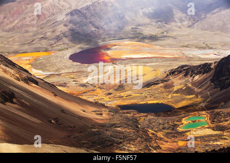 Les lacs colorés sous le pic de Chacaltaya dans les Andes boliviennes, avec un lac décoloré par les effluents miniers. Banque D'Images