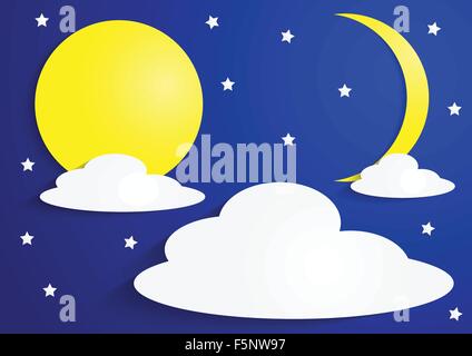 Pleine lune de papier et de Croissant de lune avec les nuages et les étoiles, VECTOR, EPS10 Illustration de Vecteur