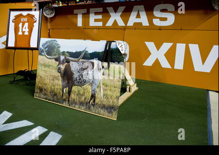 Austin, Texas, États-Unis. 07Th Nov, 2015. Texas longhorns Mascot Bevo's Memorial # 14 à la NCAA Football match entre Kansas à Darrell K. Royal Texas Memorial Stadium à Austin, TX. Mario Cantu/CSM/Alamy Live News Banque D'Images