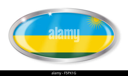 Bouton d'argent ovale avec le drapeau Rwanda isolé sur fond blanc Banque D'Images
