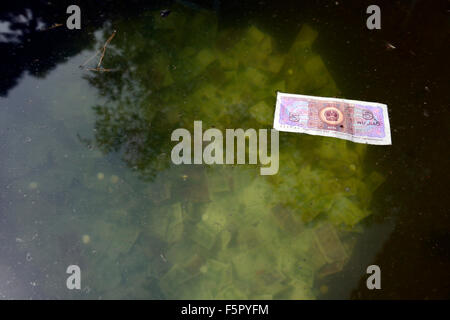 Renminbi yuan monnaie chinoise note flotter l'étang de l'eau flottant en mer bonne chance mis de côté présage la superstition dévaluer dévalué Banque D'Images