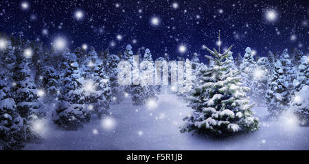 Une photo de nuit d'un beau sapin dans la neige épaisse, pour l'ambiance de Noël parfait Banque D'Images