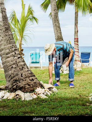 A senior man vacances à un Caribbean resort inspecte les réservoirs disposés autour d'un palmier à Sainte-croix,U.S. Îles Vierges britanniques. Banque D'Images