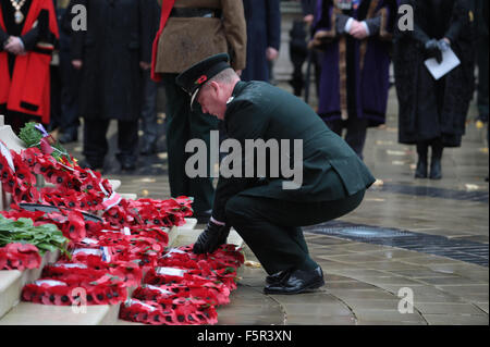 Belfast, Royaume-Uni. 8e novembre 2015. Service de police d'Irlande du Nord (PSNI) Chef de la police Mr George Hamilton dépose une couronne au Monument commémoratif de la journée nationale de commémoration. Credit : Bonzo/Alamy Live News Banque D'Images