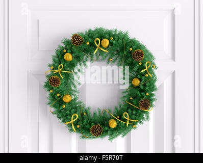 Couronne de Noël avec des pommes de pins, babioles, des rubans et des arcs sur le livre blanc de la porte 3D Rendering Banque D'Images