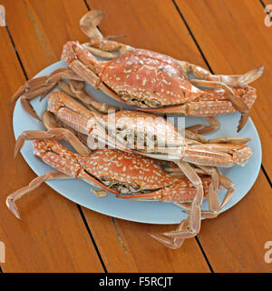 La vapeur chaude de fruits de mer crabes sur un bureau en bois Banque D'Images