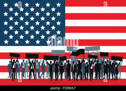 Les gens de protestation foule Silhouette sur United States National Flag Illustration de Vecteur