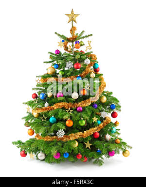 Studio shot joyeux d'un arbre de Noël avec des ornements colorés, isolated on white Banque D'Images