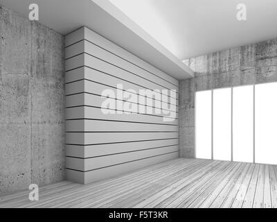 Arrière-plan de l'intérieur blanc vide avec plancher en bois, murs de béton et poutres décoratives, rendu 3d illustration Banque D'Images