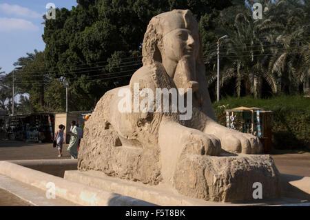 L'art égyptien Sphinx de Memphis. L'albâtre. Date probablement entre 1700 et 1400 avant J.-C., au cours de la xviiième dynastie. Est d'avis que le sphinx honoré Hatshepsout, Amenhotep II ou d'Amenhotep III et flanqué l'entrée sud du temple de Ptah. Mit Rahina Open Air Museum. Memphis. L'Égypte. Banque D'Images