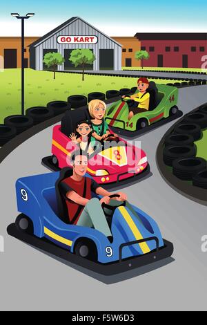 Un vecteur illustration de famille heureuse de jouer ensemble de go-kart Illustration de Vecteur