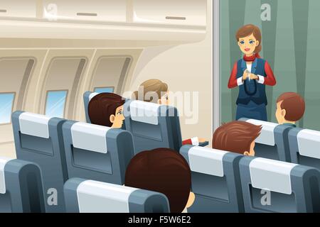 Un vecteur illustration de l'agent de bord montrer comment attacher la ceinture de sécurité pour les passagers Illustration de Vecteur