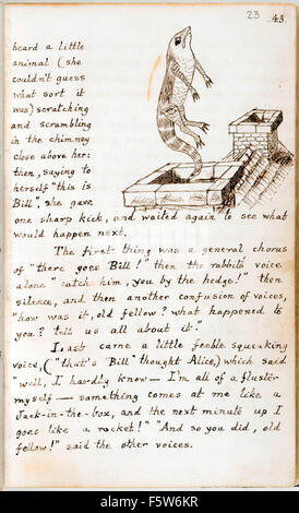 Bill le lézard a reçu un fort coup de Alice et sort par la cheminée, extraite du manuscrit original de "Alice's Adventures Under Ground" par Charles Lutwidge Dodgson (1832-1898) donné à Alice Liddell en novembre 1864 et publié sous le titre "Alice's Adventures in Wonderland" en 1865 sous le nom de plume Lewis Carroll. Voir la description pour plus d'informations. Banque D'Images