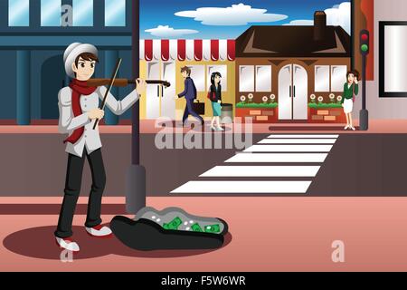 Un vecteur illustration de musicien de rue à jouer du violon dans la rue Illustration de Vecteur