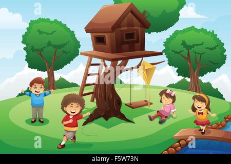 Un vecteur illustration d'enfants heureux de jouer tree house Illustration de Vecteur